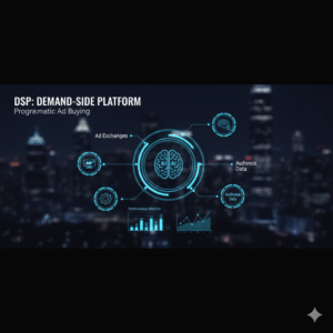 Imagen de una plataforma DSP (Demand-Side Platform) mostrando un cerebro de IA, intercambios de anuncios, datos de audiencia y paneles de rendimiento, sobre un fondo de ciudad nocturna.