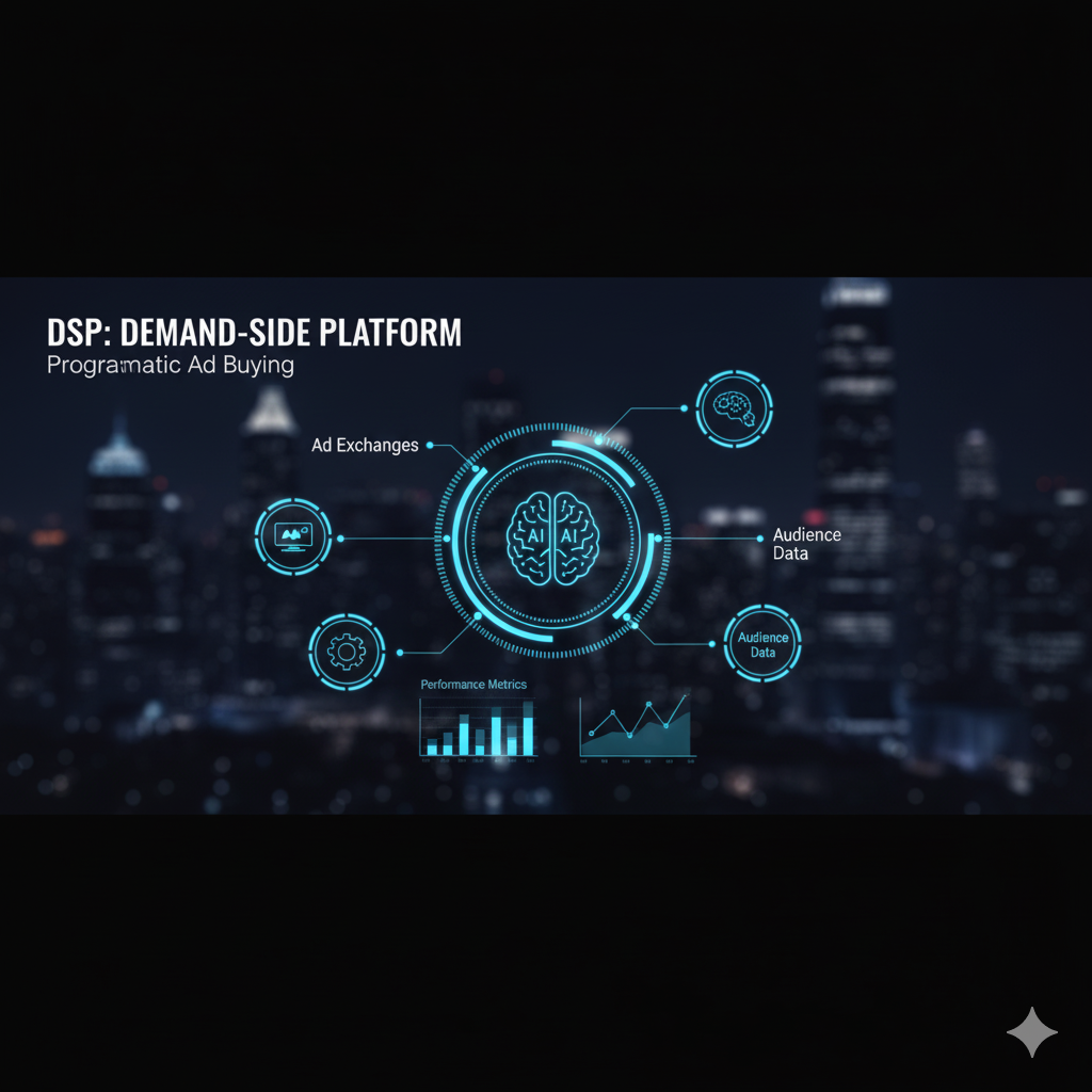 Imagen de una plataforma DSP (Demand-Side Platform) mostrando un cerebro de IA, intercambios de anuncios, datos de audiencia y paneles de rendimiento, sobre un fondo de ciudad nocturna.